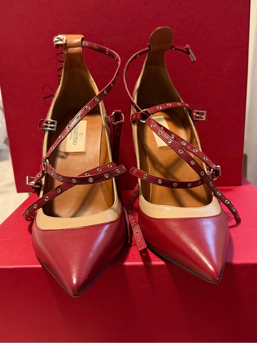 Valentino Burgundy and Beige Pointed Leather Stud-Strap Pumps